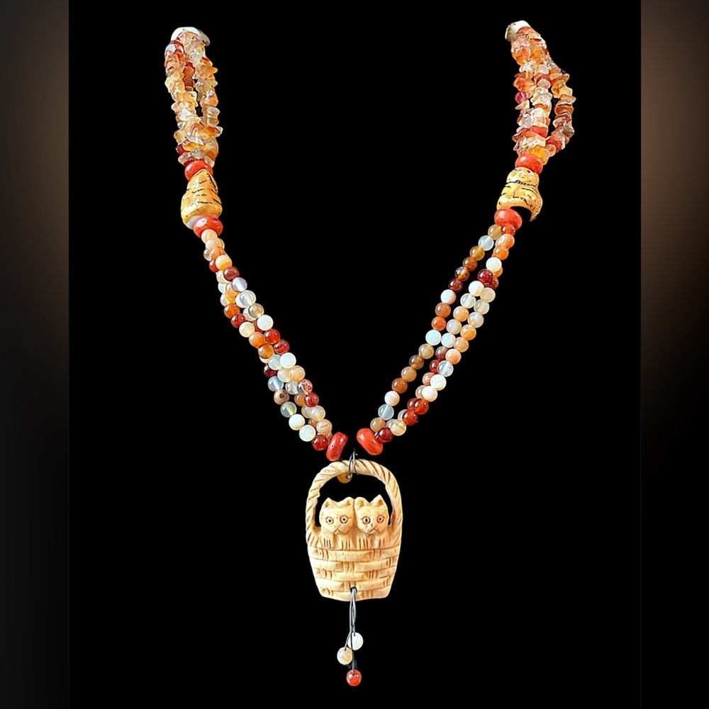 Vintage Sterling Silver Carved Bovine Bone Cat Agate Gemstone Bead Necklace 30”